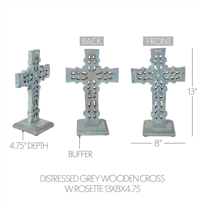 Distressed Grey Wooden Cross w/ Rosette Center &amp; Base 13x8x5 Thumbnail