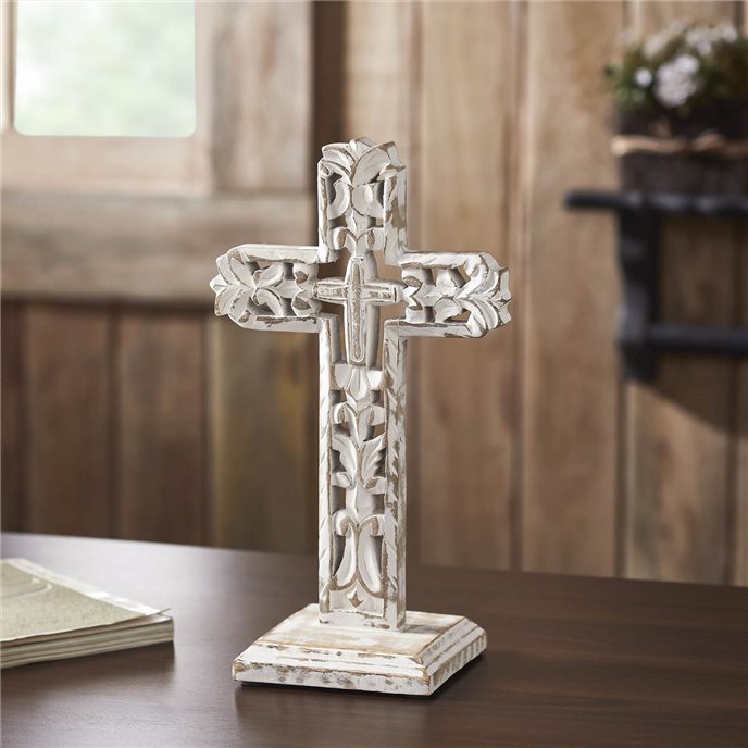 Distressed White Ornate Wooden Cross w/ Base 13x7.5x5 Thumbnail