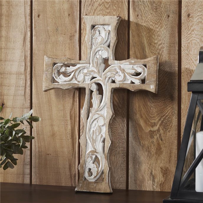 Natural &amp; Distressed White Wooden Cross Wall Hanging 18x12 Thumbnail