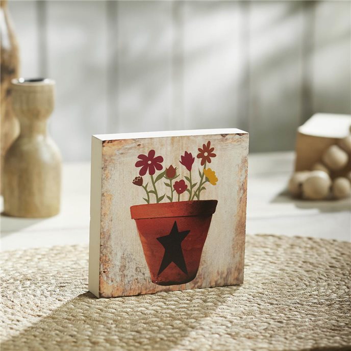 Spring In Bloom Flower Pot w/ Primitive Star MDF Block Sign 5x5x1 Thumbnail