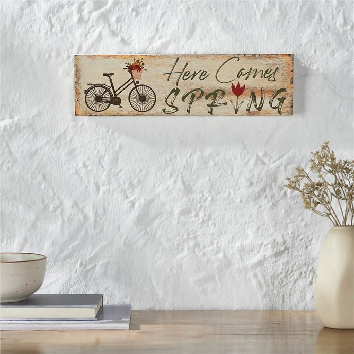 Spring In Bloom Here Comes Spring w/ Bicycle &amp; Tulip MDF Wall Sign 4x14x0.75 Thumbnail