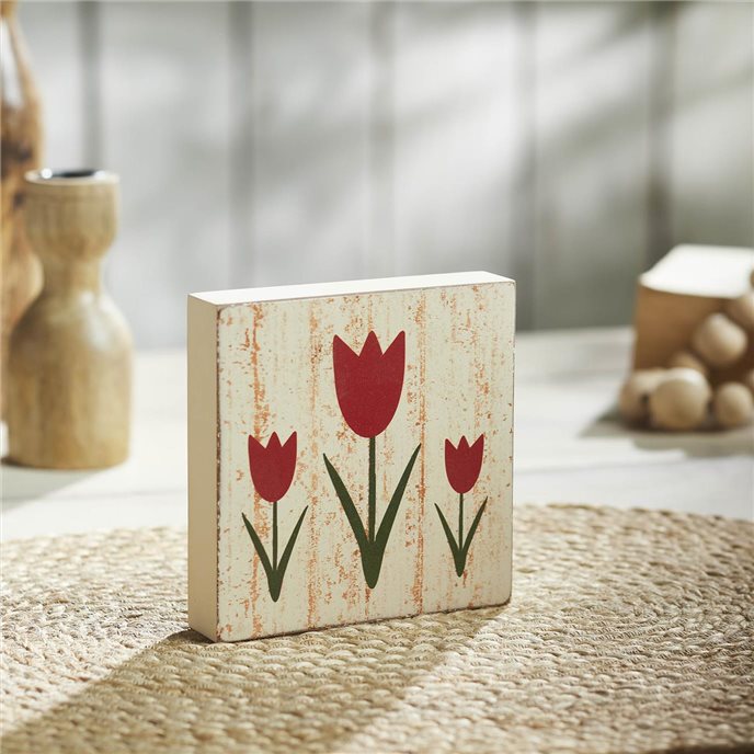 Spring In Bloom Red Tulips Distressed Antique White MDF Block Sign 5x5x1 Thumbnail