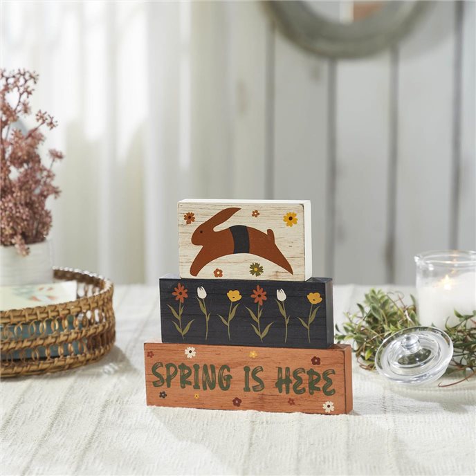 Spring In Bloom Spring Is Here Bunny Leap w/ Flowers MDF Block Sign Set of 3 Sizes Thumbnail